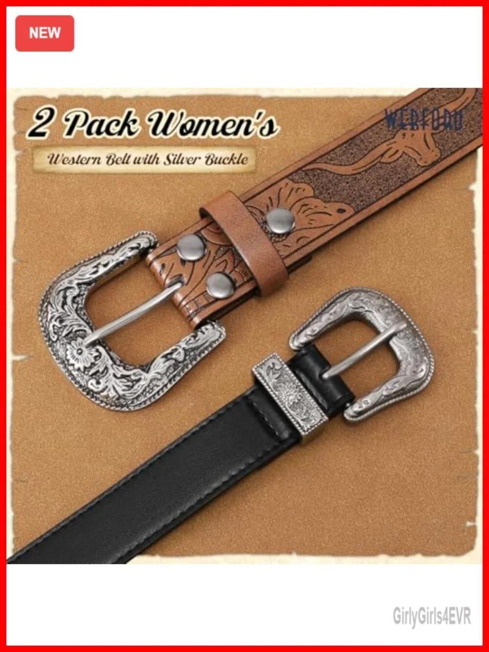 2 Pack Women Western Faux Leather Belts with Big Silver Buckle, Vintage Carved,